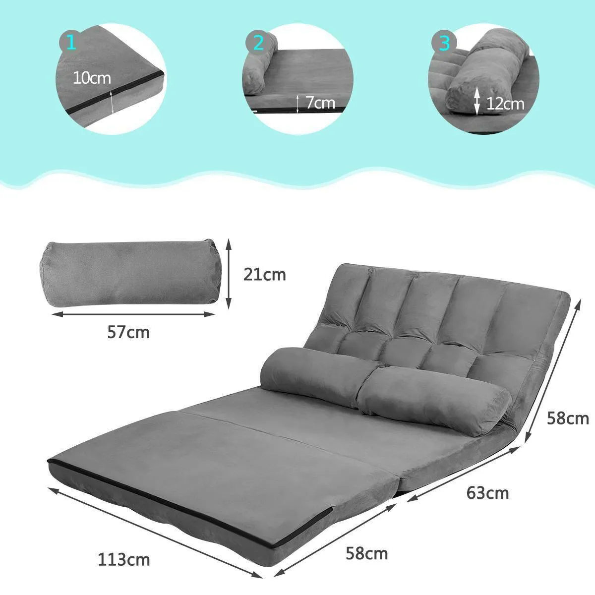 2 in 1 Folding Lazy Sofa Bed with 6 Adjustable Seat Positions and 2 Pillows-Grey