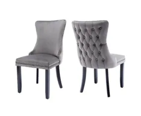 2x Velvet Upholstered Dining Chairs Tufted Wingback Side Chair with Studs Trim Solid Wood Legs for Kitchen