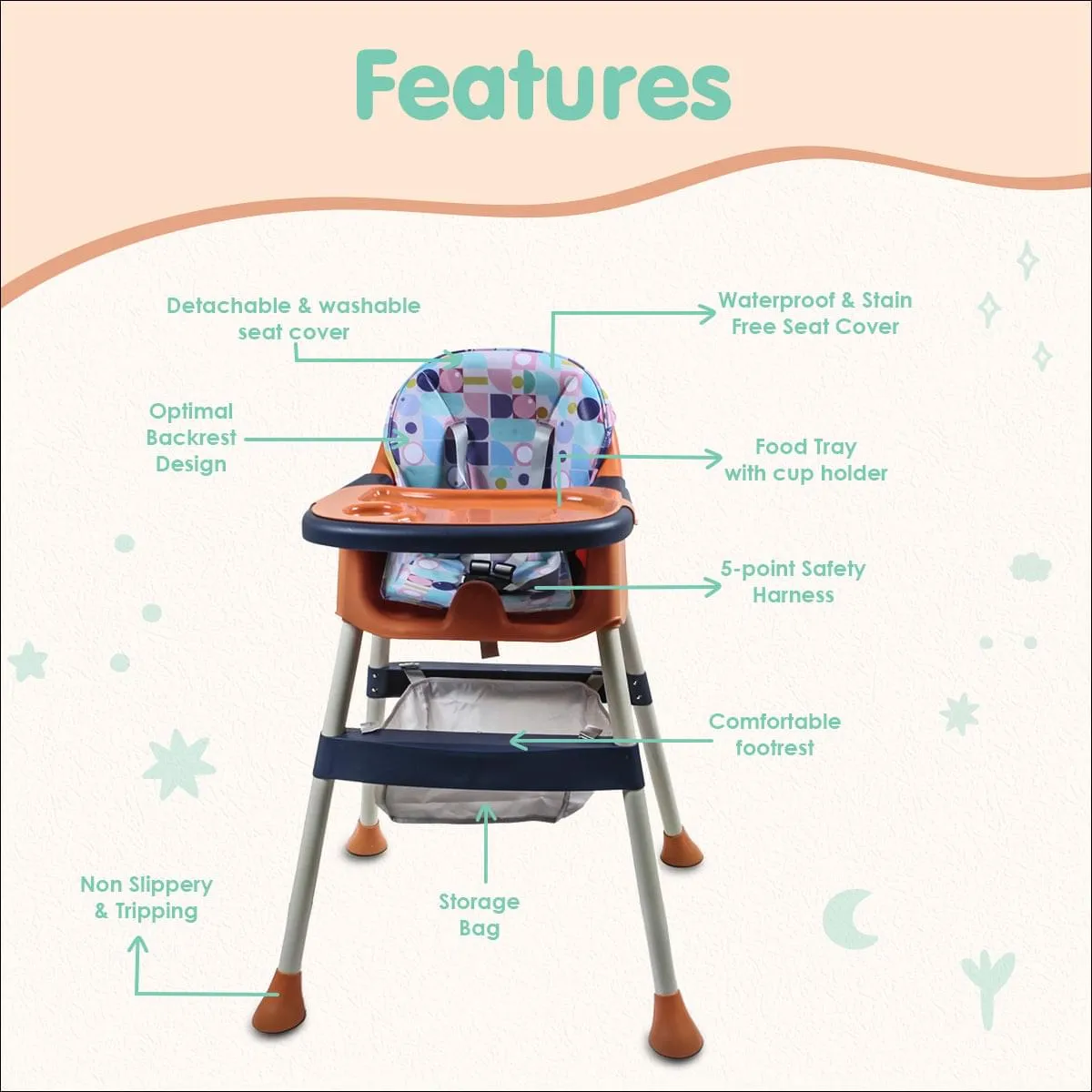 3 In 1 Adjustable Feeding Booster High Chair Abstract - Orange