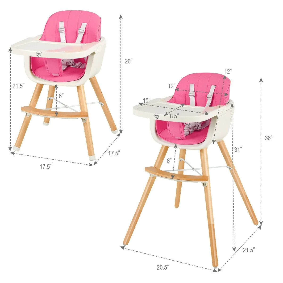 3-in-1 Convertible Wooden High Chair with Cushion - Pink