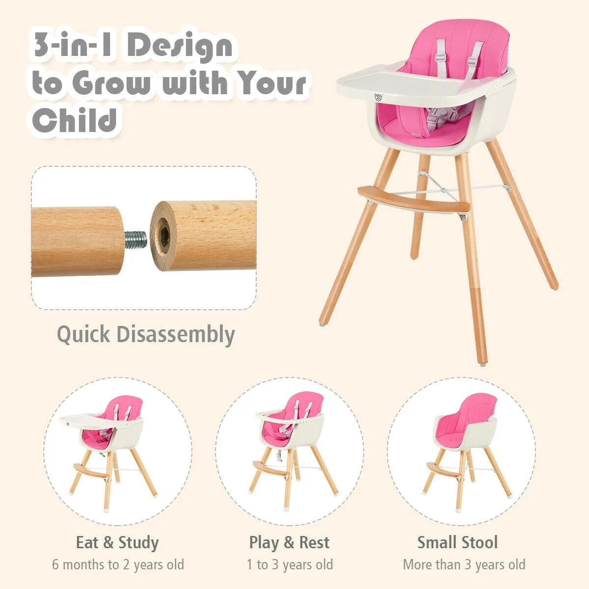 3-in-1 Convertible Wooden High Chair with Cushion - Pink