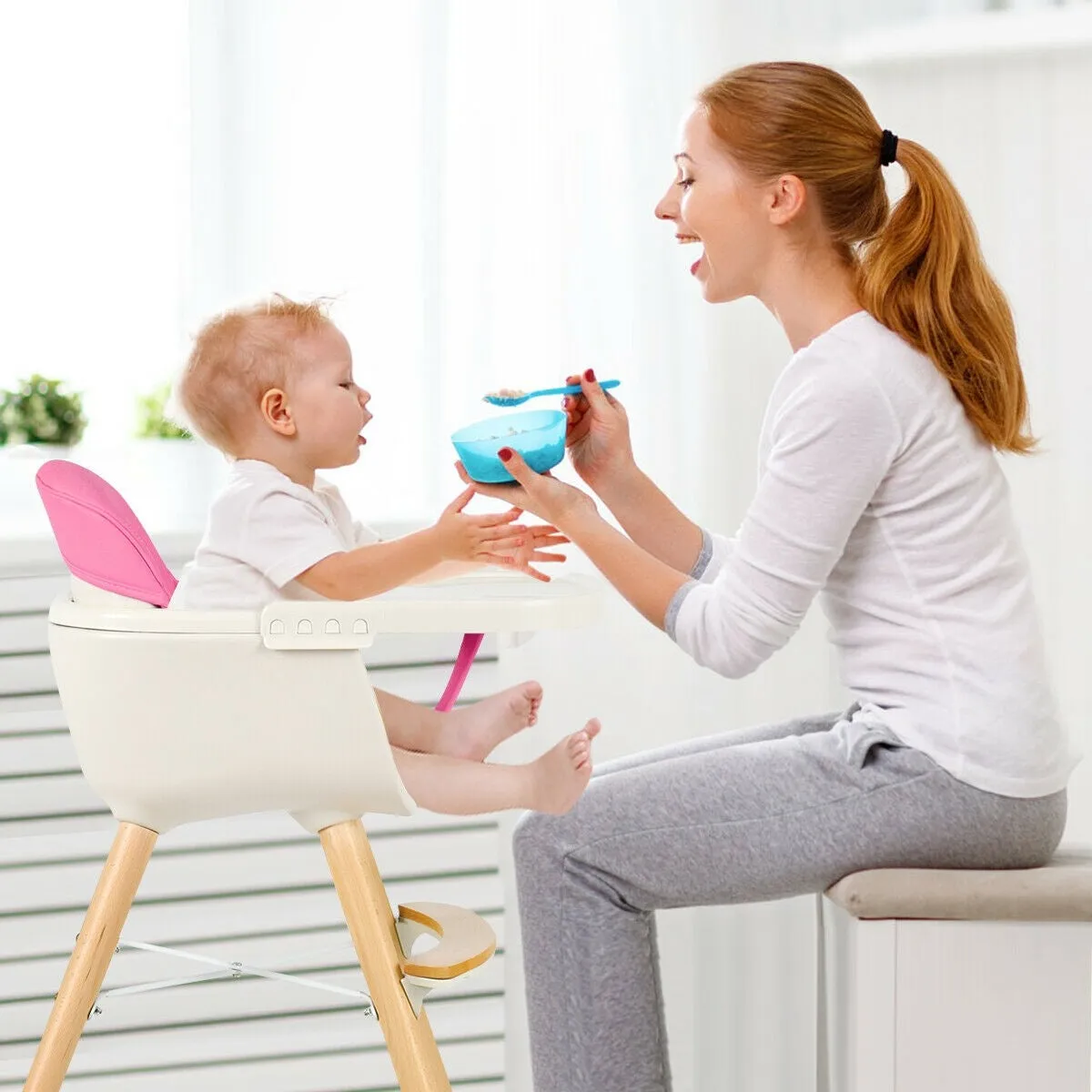 3-in-1 Convertible Wooden High Chair with Cushion - Pink