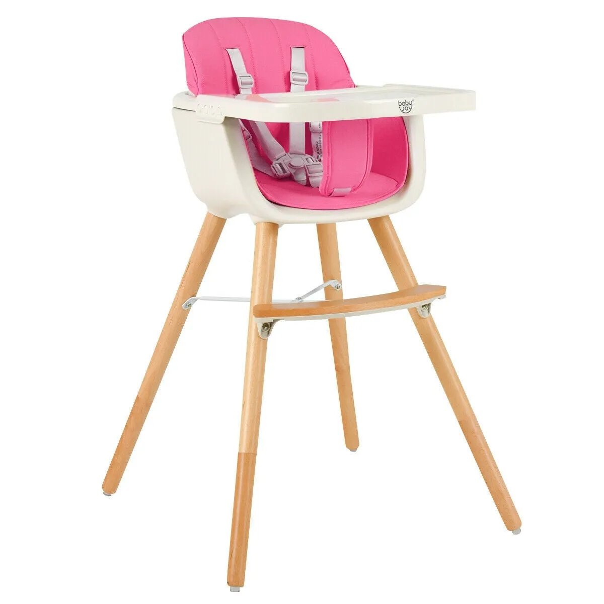 3-in-1 Convertible Wooden High Chair with Cushion - Pink