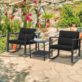 3 Pieces Cushioned Patio Rattan Set with Rocking Chair and Table-Black