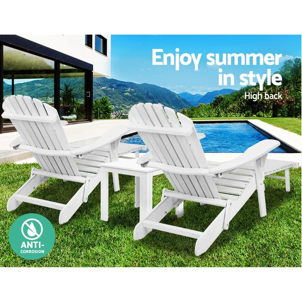 3PC Adirondack Outdoor Table and Chairs Wooden Sun Lounge Beach Patio White