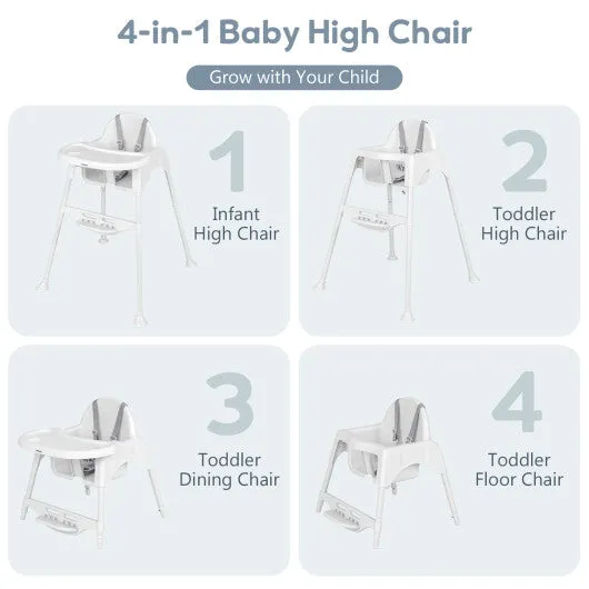 4 in 1 Convertible Kids Dining High Chair With Adjustable Removable Tray and Footrest-White