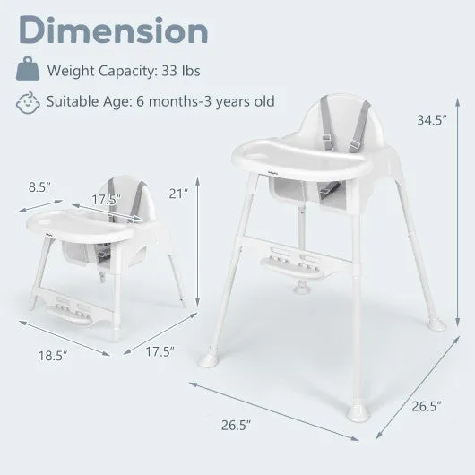 4 in 1 Convertible Kids Dining High Chair With Adjustable Removable Tray and Footrest-White