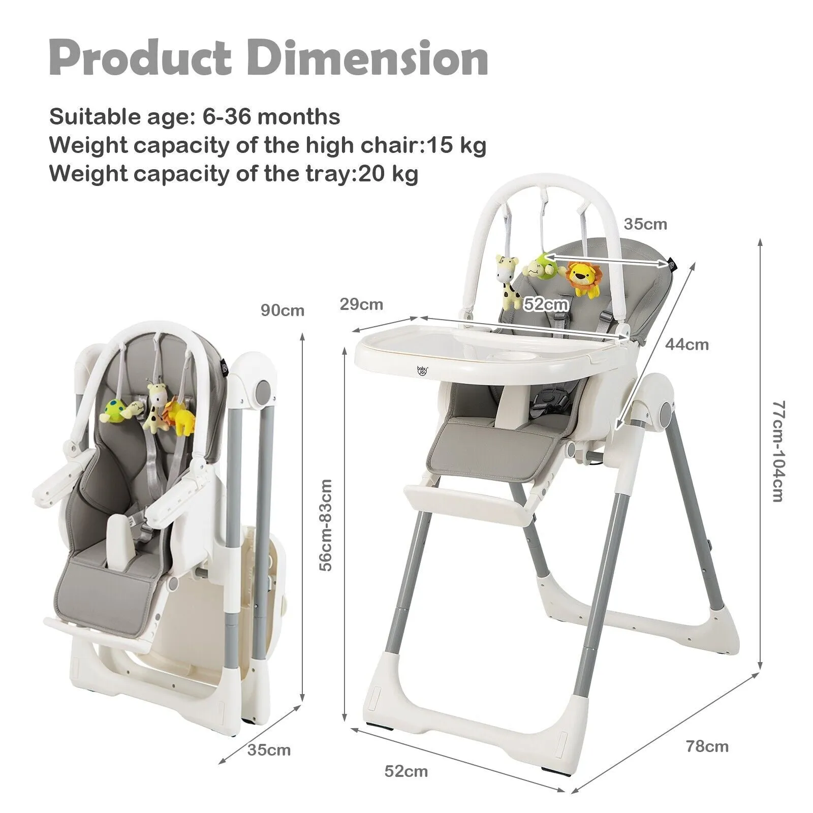 4-in-1 Foldable Baby High Chair with 7 Adjustable Heights and 4 Reclining Angles-Grey