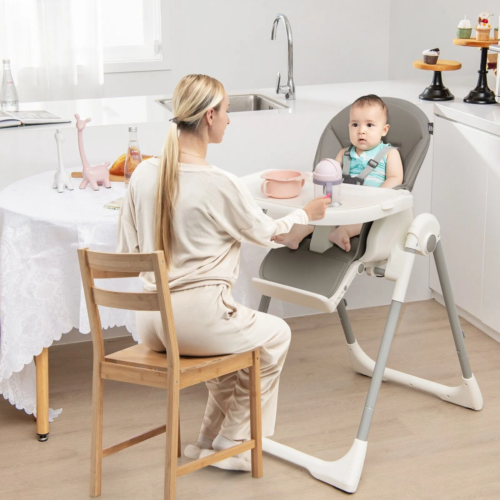 4-in-1 Foldable Baby High Chair with 7 Adjustable Heights and 4 Reclining Angles-Grey