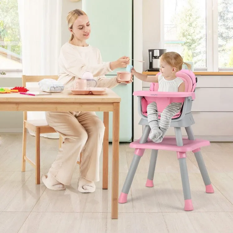 6-in-1 Convertible Baby High Chair with Adjustable Removable Tray - Pink