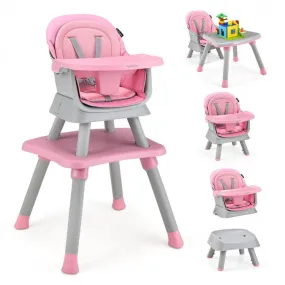 6-in-1 Convertible Baby High Chair with Adjustable Removable Tray - Pink