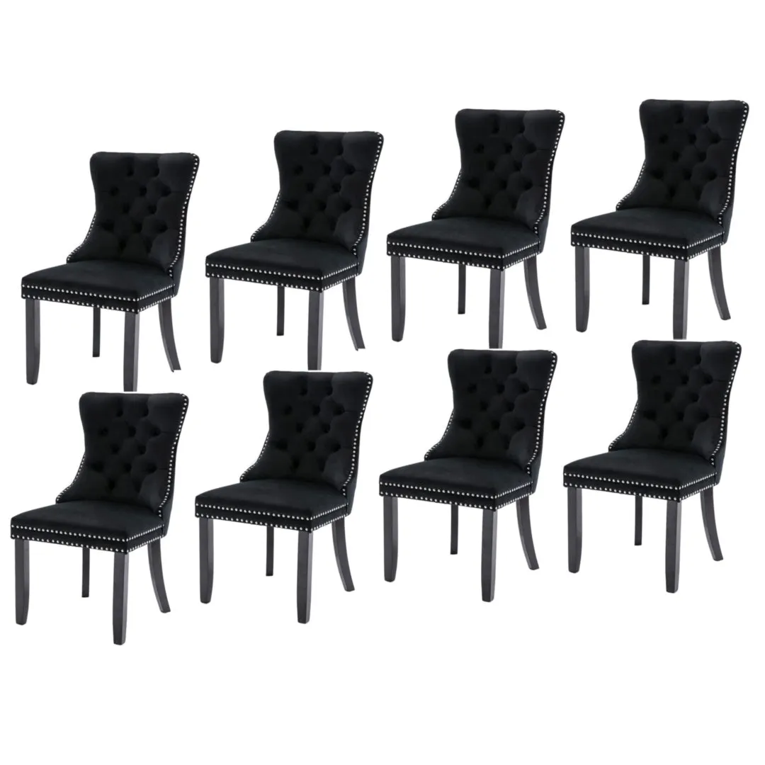 8x Velvet Dining Chairs Upholstered Tufted Kithcen Chair with Solid Wood Legs Stud Trim and Ring-Black