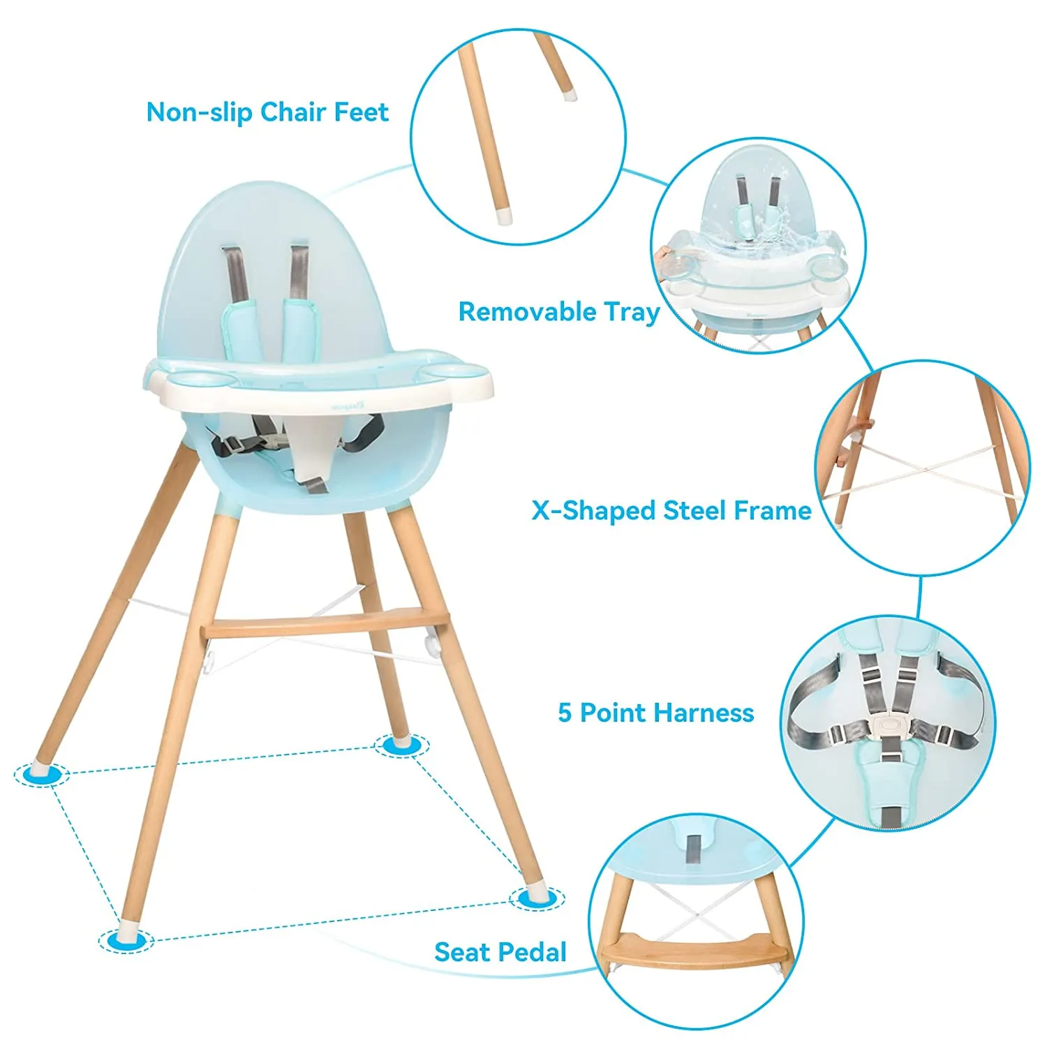 Baby Wooden Dining High Chair Removable Tray Adjustable Legs