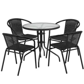 Barker 28'' Round Glass Metal Table with Rattan Edging and 4 Rattan Stack Chairs