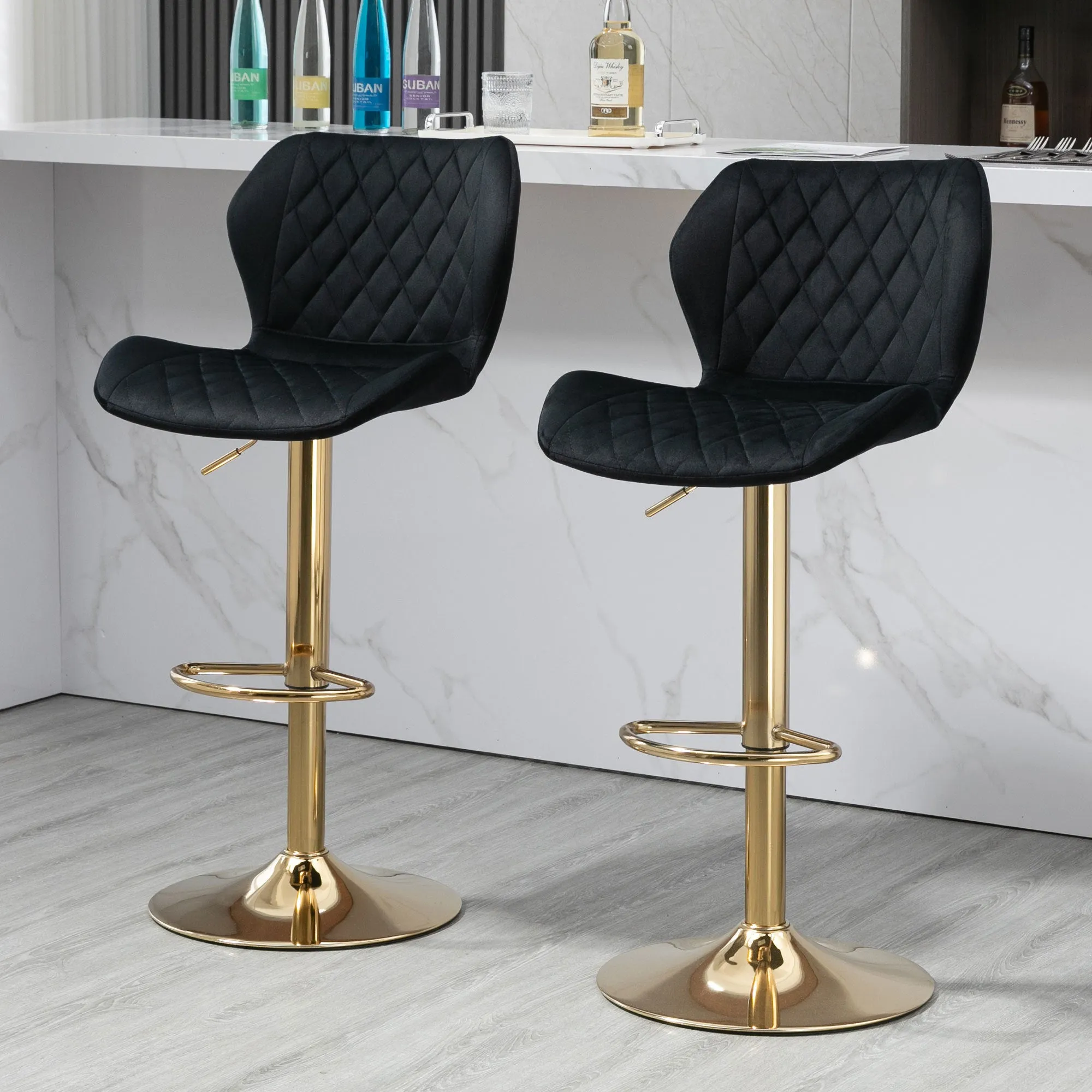 Black Velvet Adjustable Swivel Bar Stools Set of 2