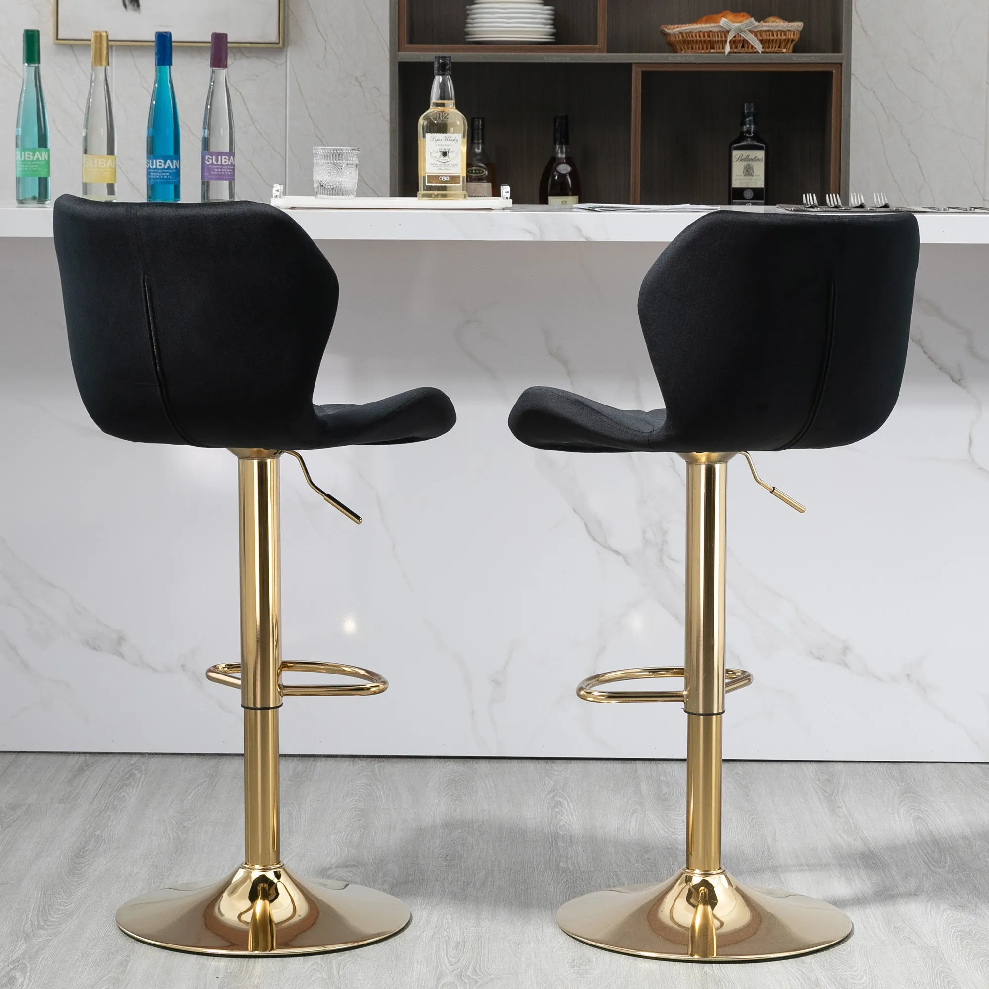 Black Velvet Adjustable Swivel Bar Stools Set of 2