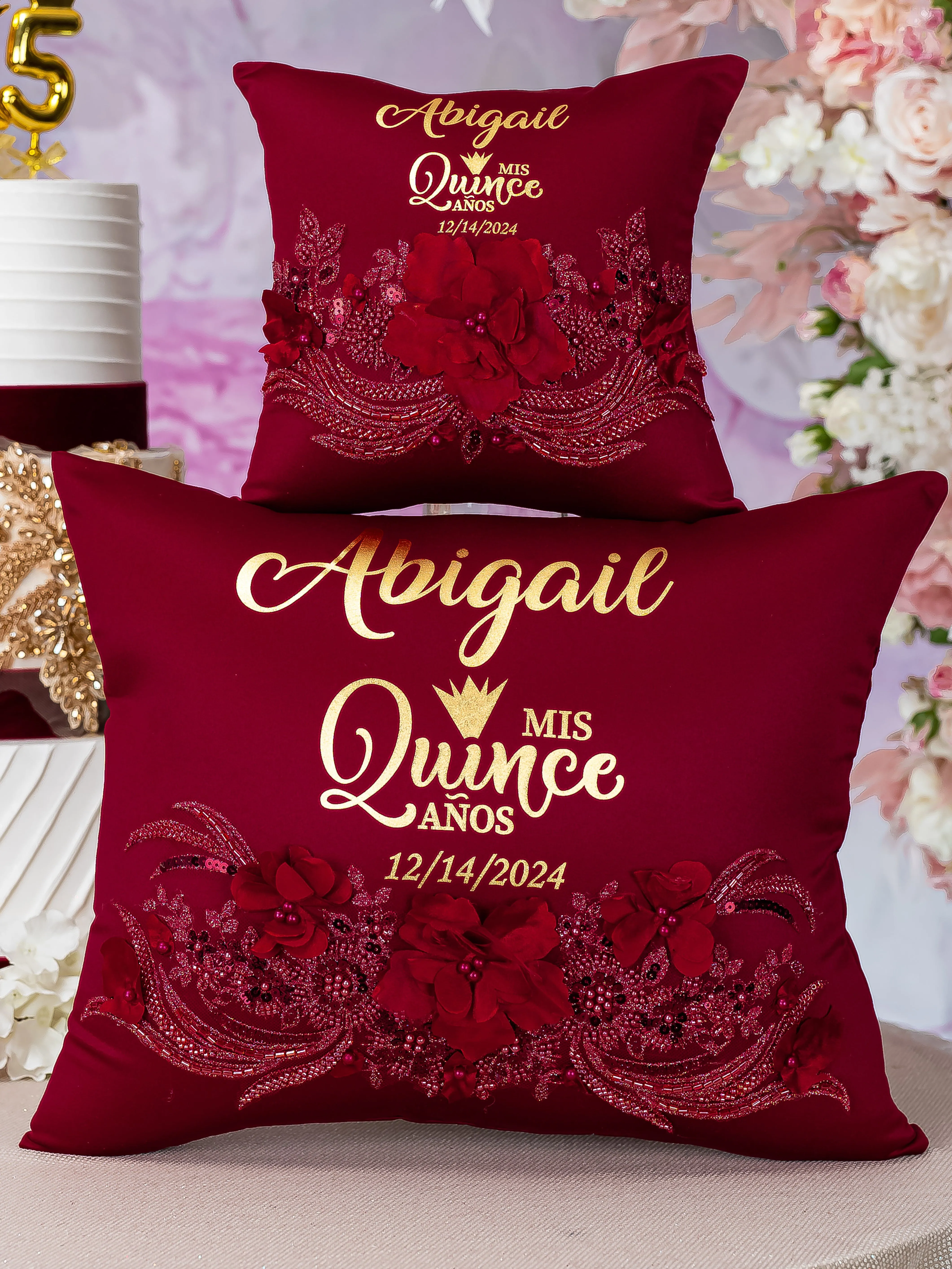 Burgundy Quinceanera pillows set and teddy bear