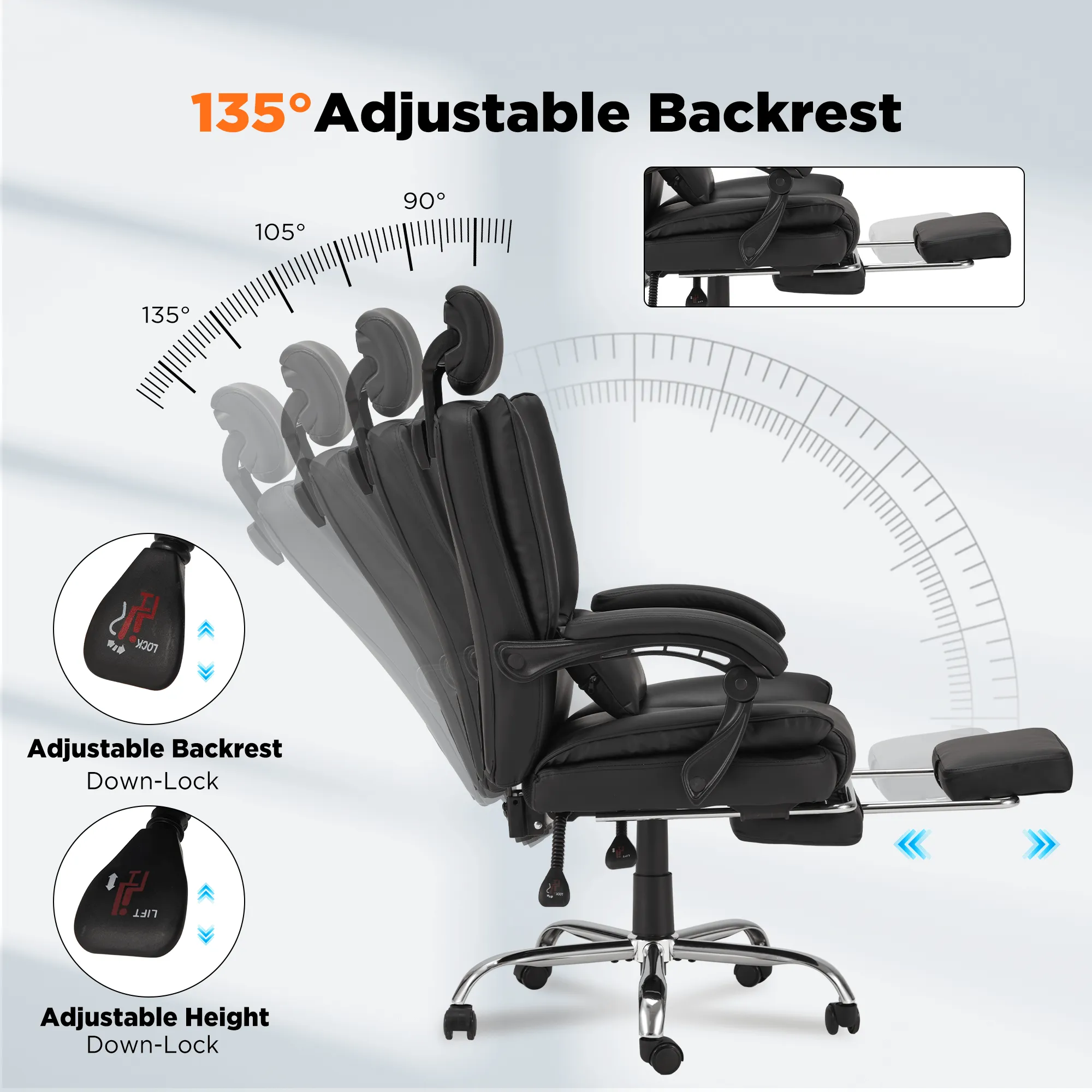 Executive Reclining Adjustable Headrest Office Chair with Footrest Black