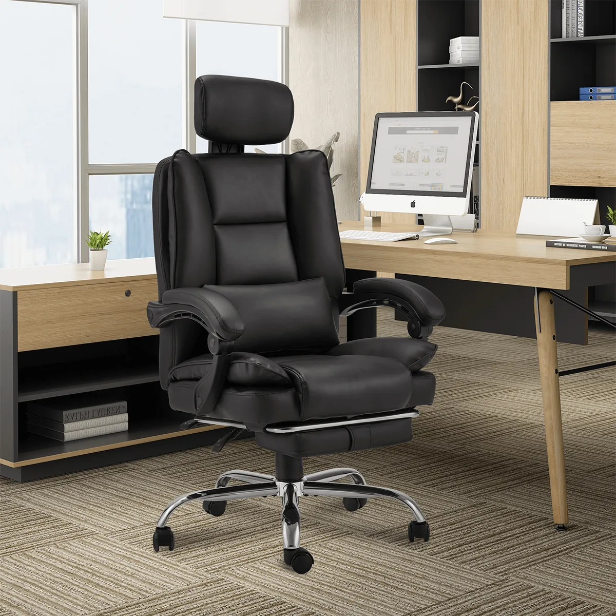 Executive Reclining Adjustable Headrest Office Chair with Footrest Black