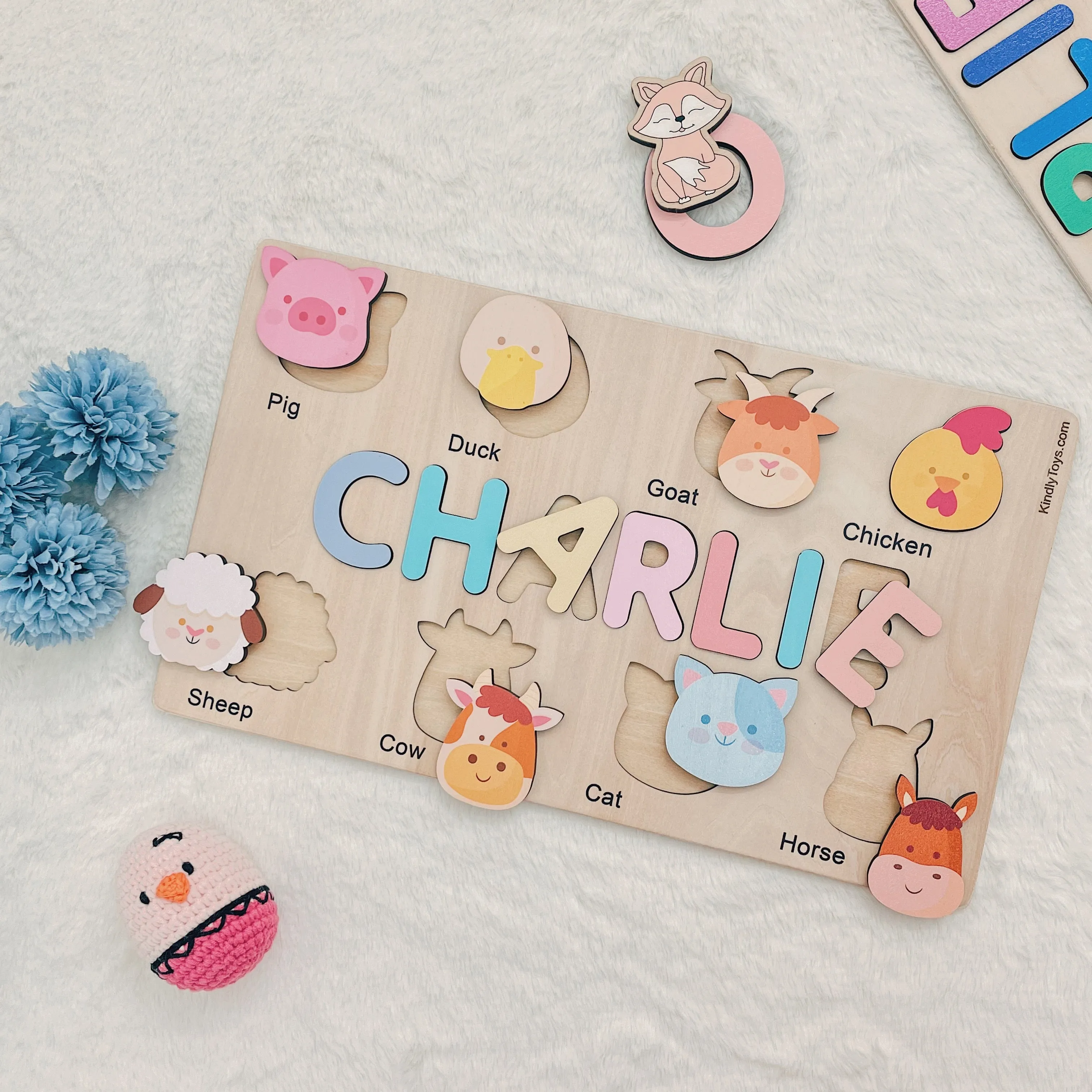 Farm Animals Personalized Name Puzzle - Wooden Montessori Toys, one year birthday gifts | KindlyToys