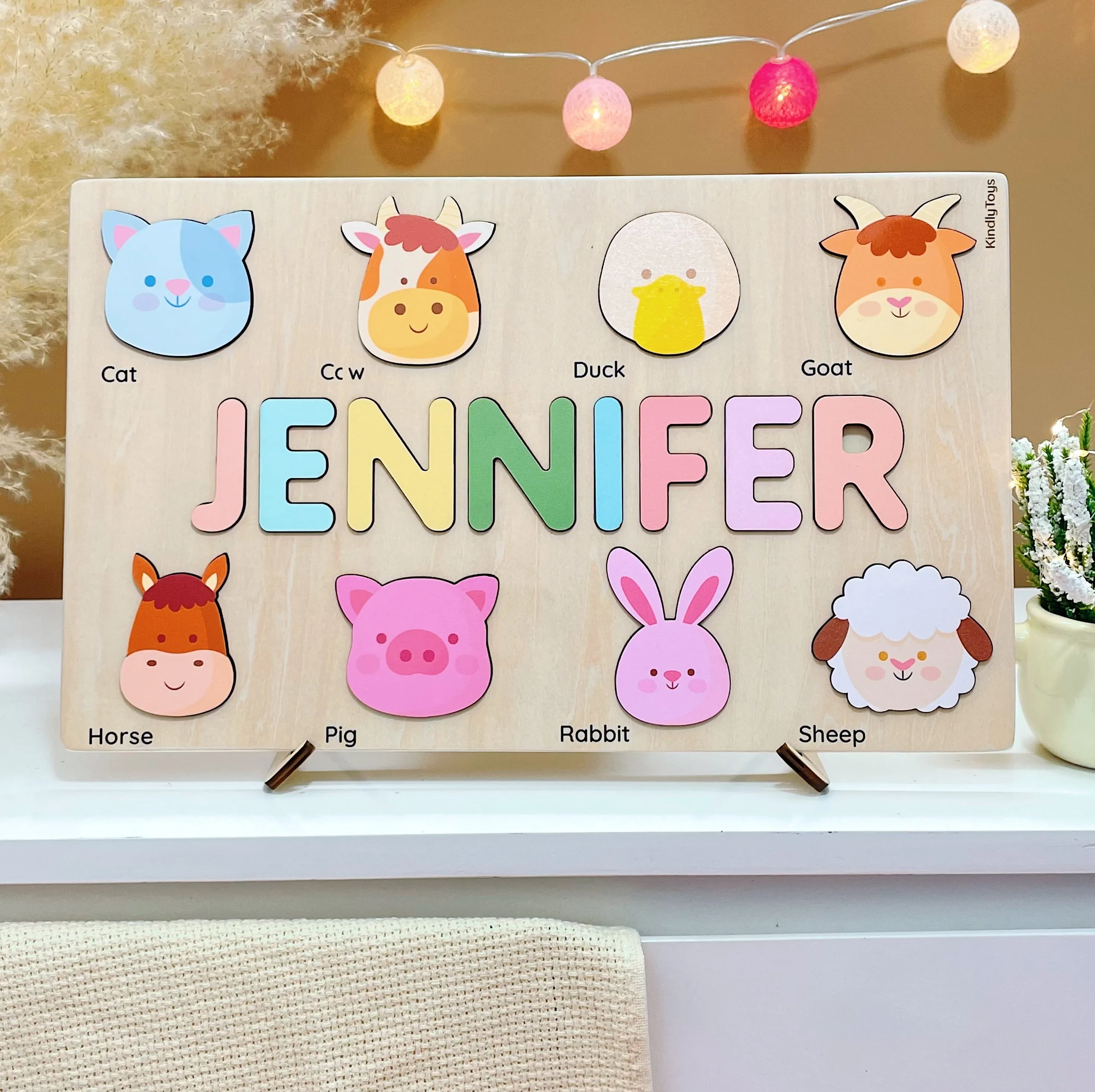 Farm Animals Personalized Name Puzzle - Wooden Montessori Toys, one year birthday gifts | KindlyToys