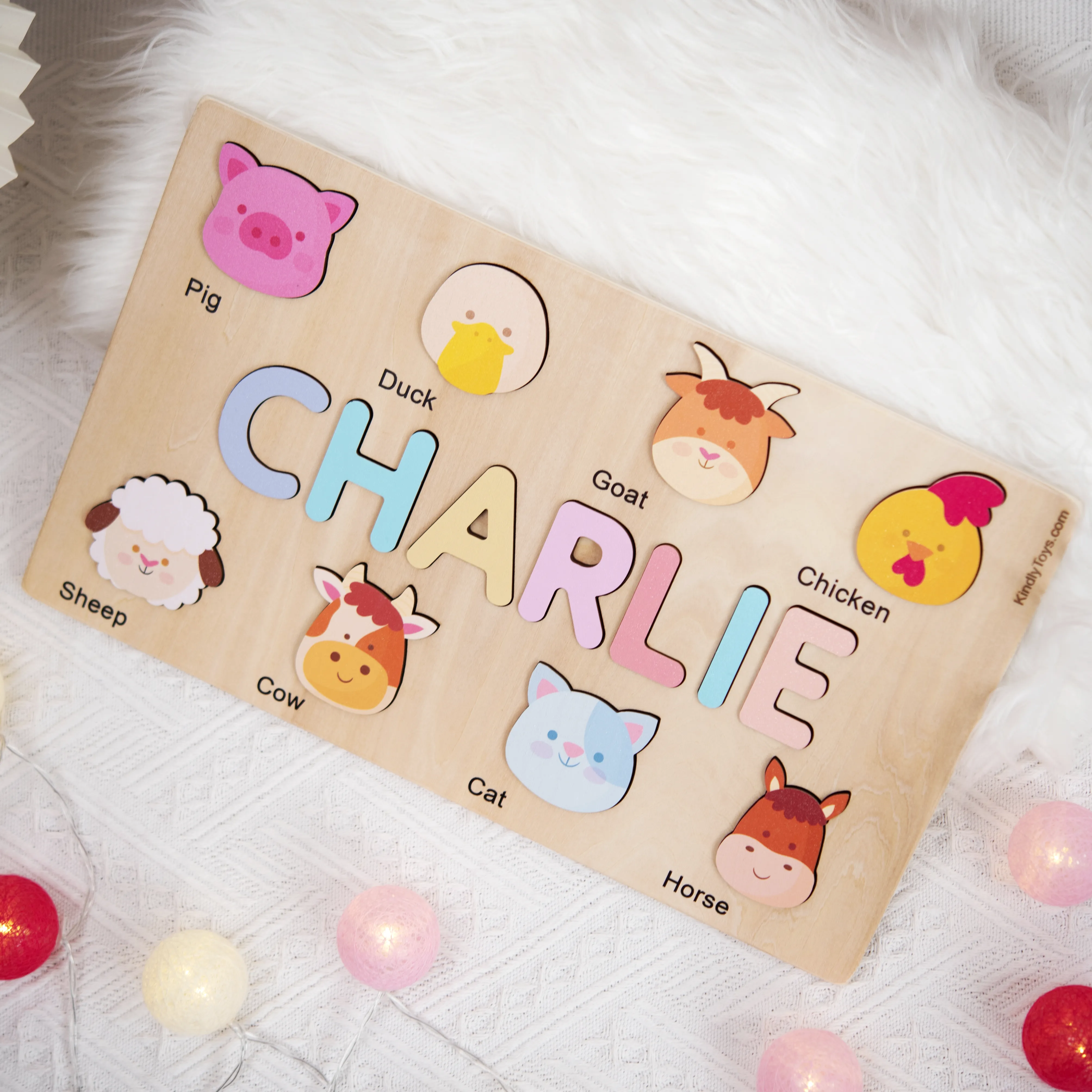 Farm Animals Personalized Name Puzzle - Wooden Montessori Toys, one year birthday gifts | KindlyToys