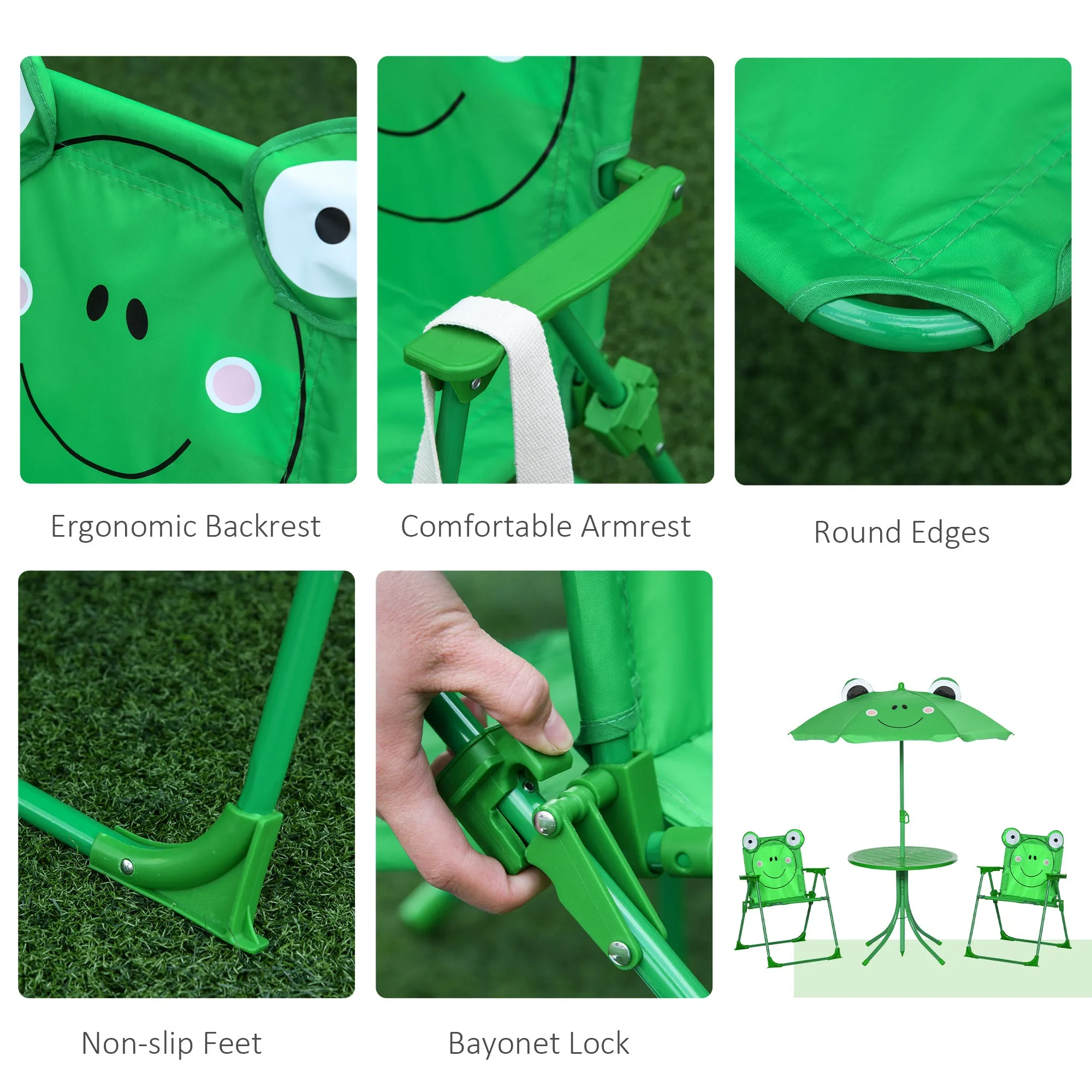 Kids Folding Picnic Table and Chair Set Frog Pattern with Removable & Height Adjustable Sun Umbrella, Green