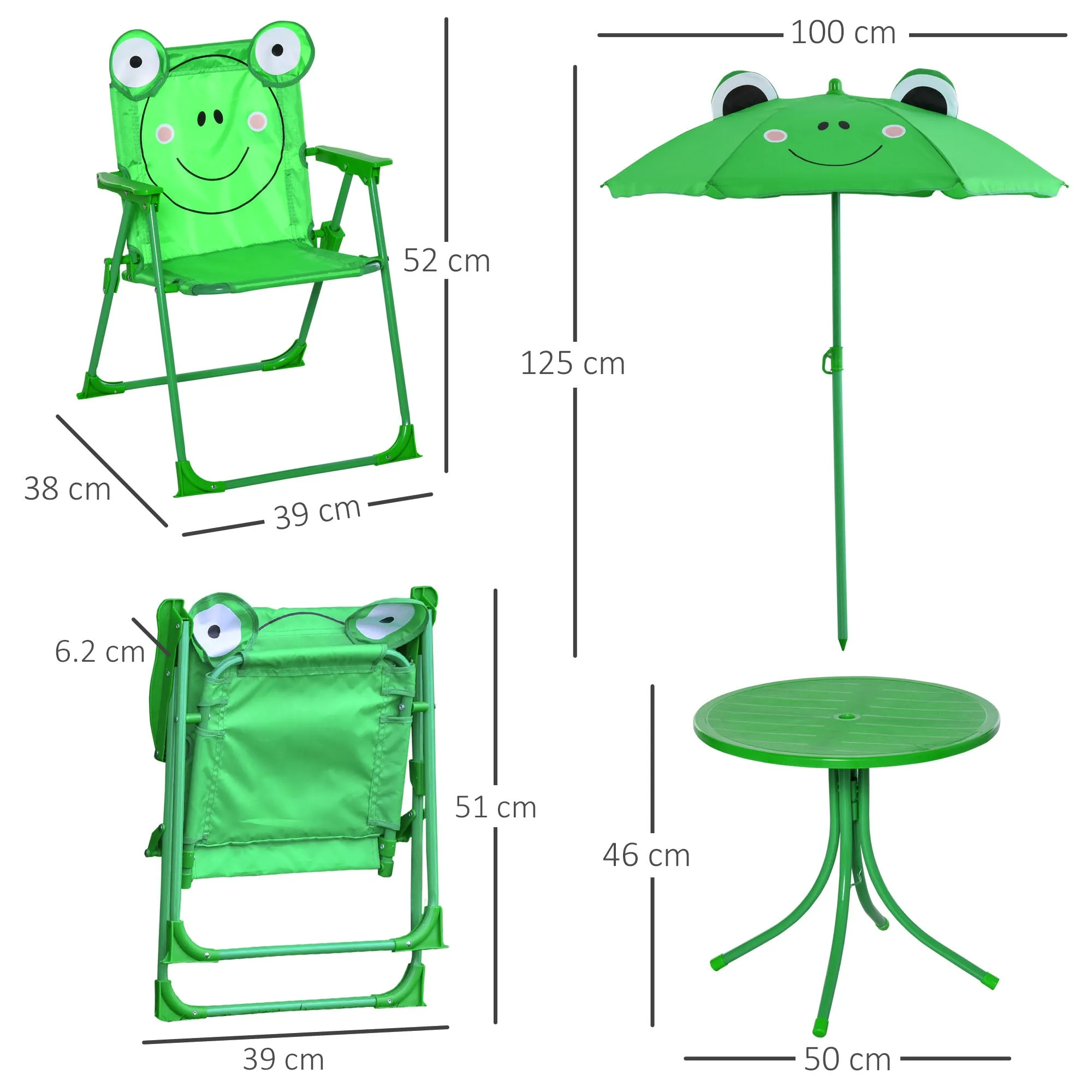 Kids Folding Picnic Table and Chair Set Frog Pattern with Removable & Height Adjustable Sun Umbrella, Green