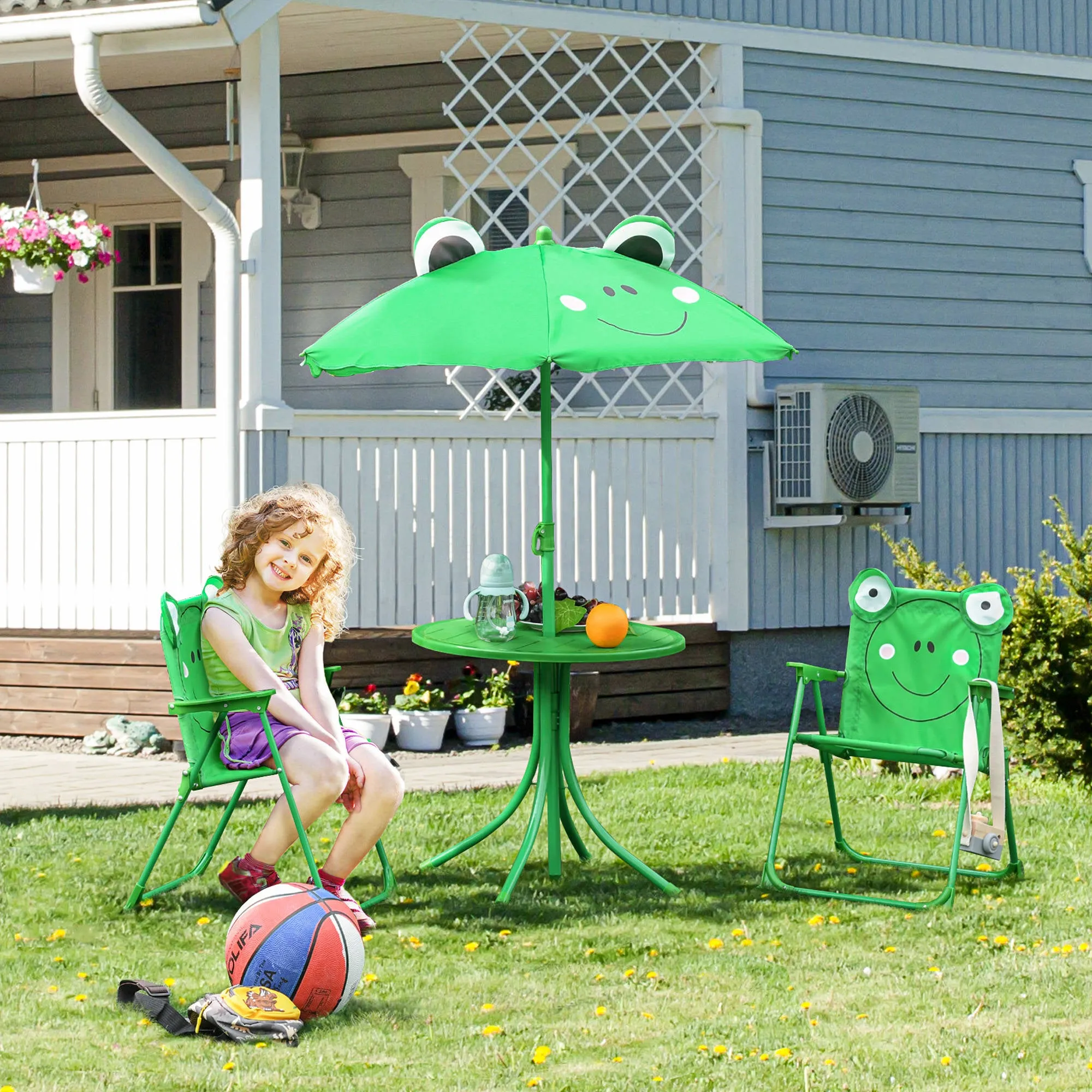 Kids Folding Picnic Table and Chair Set Frog Pattern with Removable & Height Adjustable Sun Umbrella, Green