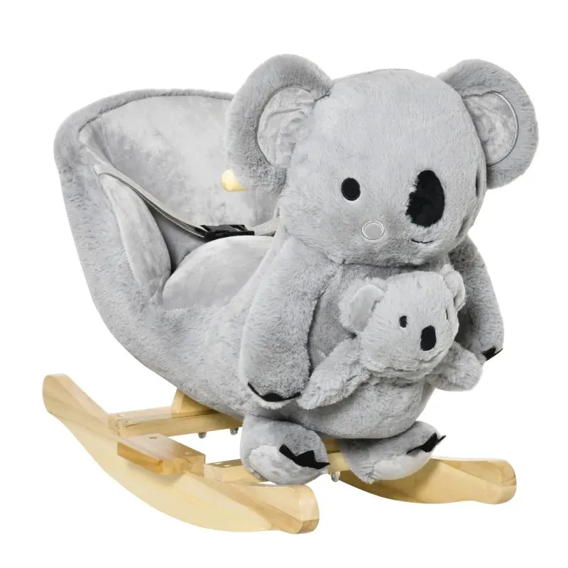 Kids Plush Ride-on Rocking Horse Koala-shaped Toy Rocker W/ Gloved Doll Grey