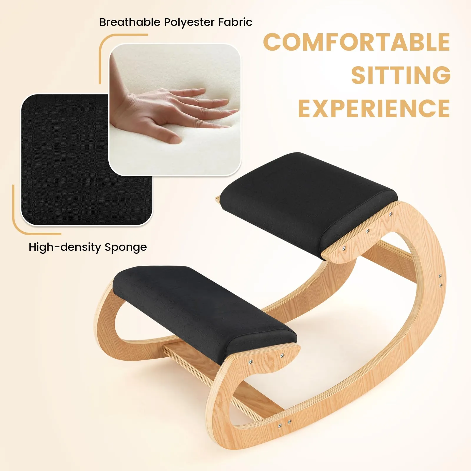 KOMFOTT Ergonomic Kneeling Chair, Posture Chair for Desk with Cushion, Solid Wood Frame