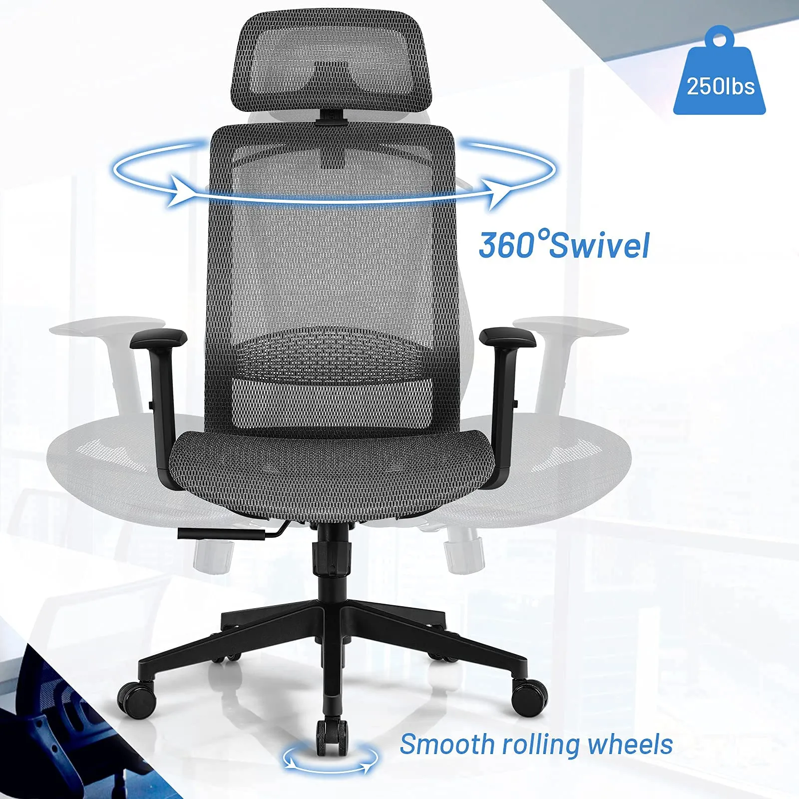 KOMFOTT Ergonomic Office Chair, Mesh Desk Chair Back Support with Adjustable Headrest