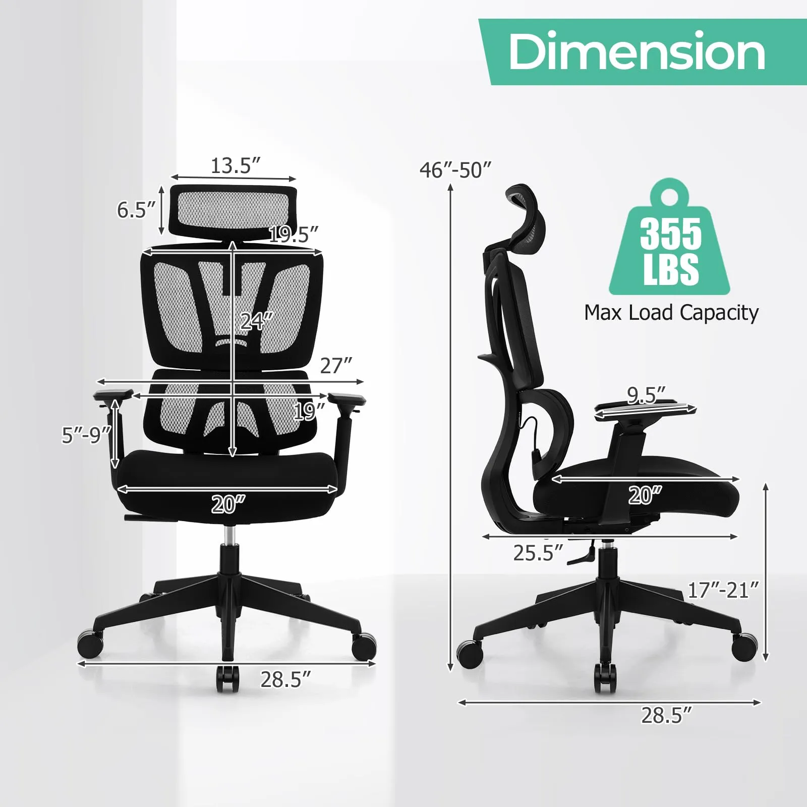 KOMFOTT Ergonomic Office Chair - Mesh Desk Chair with Adjustable Lumbar Support, Headrest & Armrests