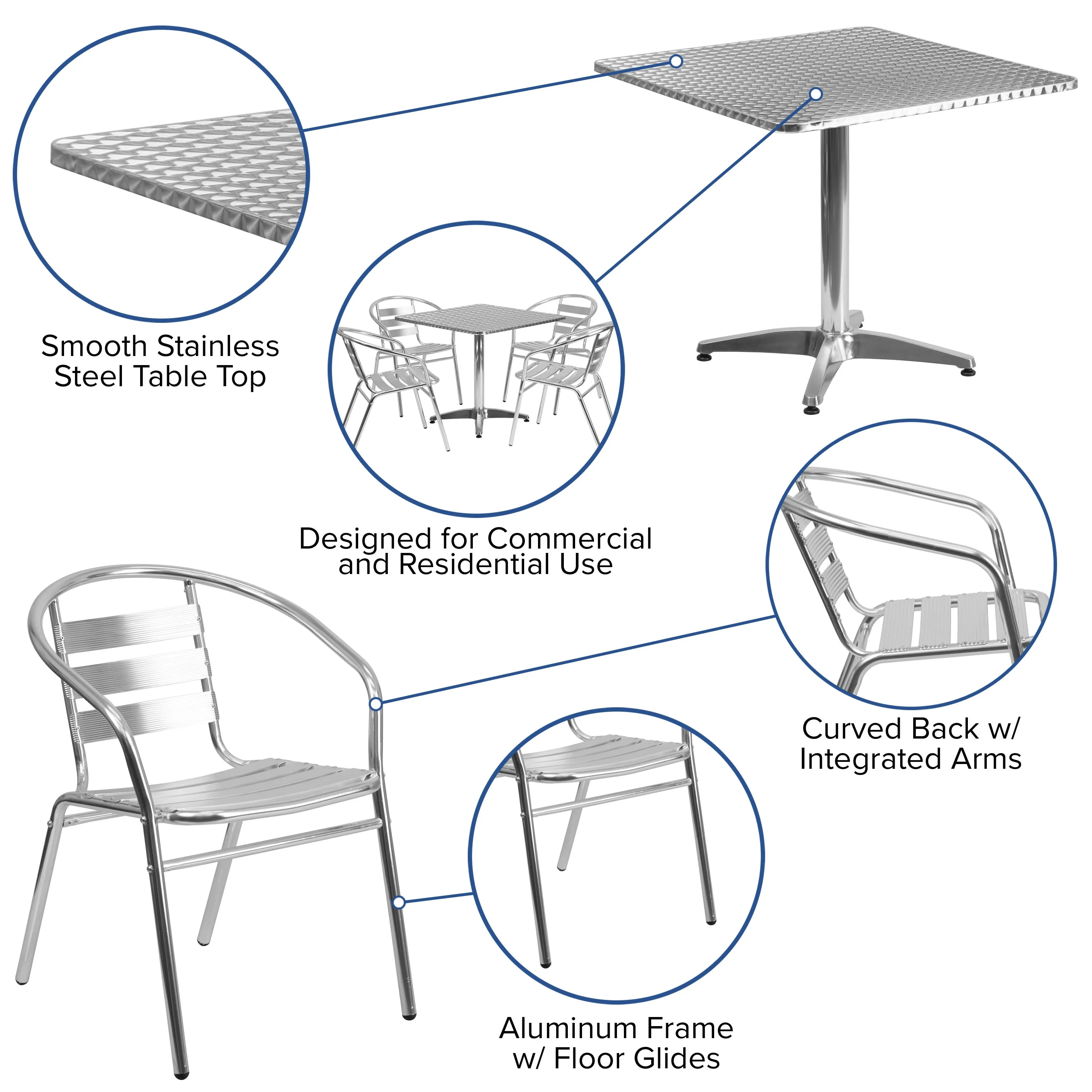 Lila 31.5'' Square Aluminum Indoor-Outdoor Table Set with 4 Slat Back Chairs