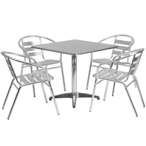 Lila 31.5'' Square Aluminum Indoor-Outdoor Table Set with 4 Slat Back Chairs