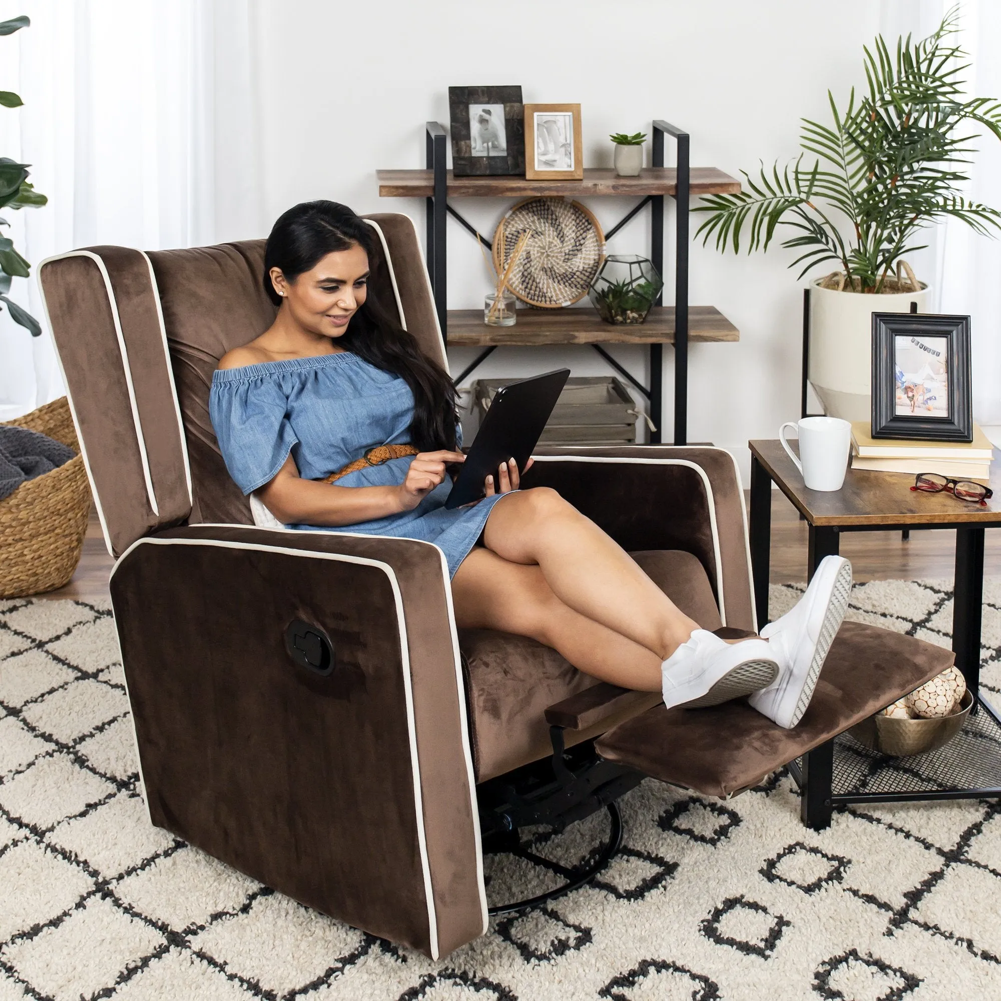 Mid-Century Modern Velvet Upholstered Swivel Recliner Lounge Rocking Chair