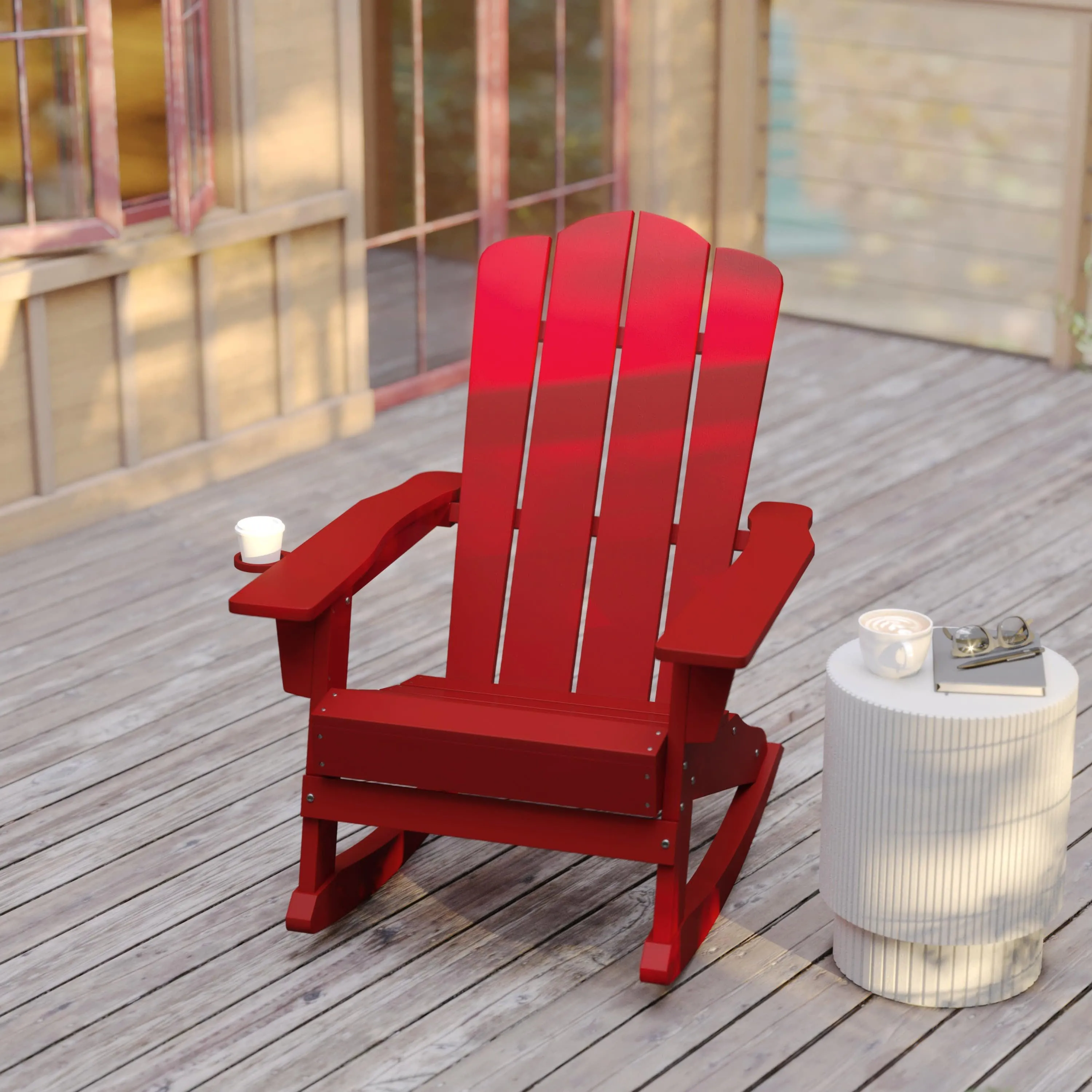 Newport HDPE Adirondack Chair with Cup Holder and Pull Out Ottoman, All-Weather HDPE Indoor/Outdoor Chair