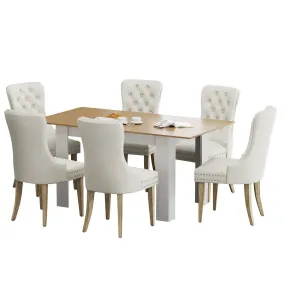 Oikiture 160cm Extendable Dining Table with 6PCS Dining Chairs Velvet Beige