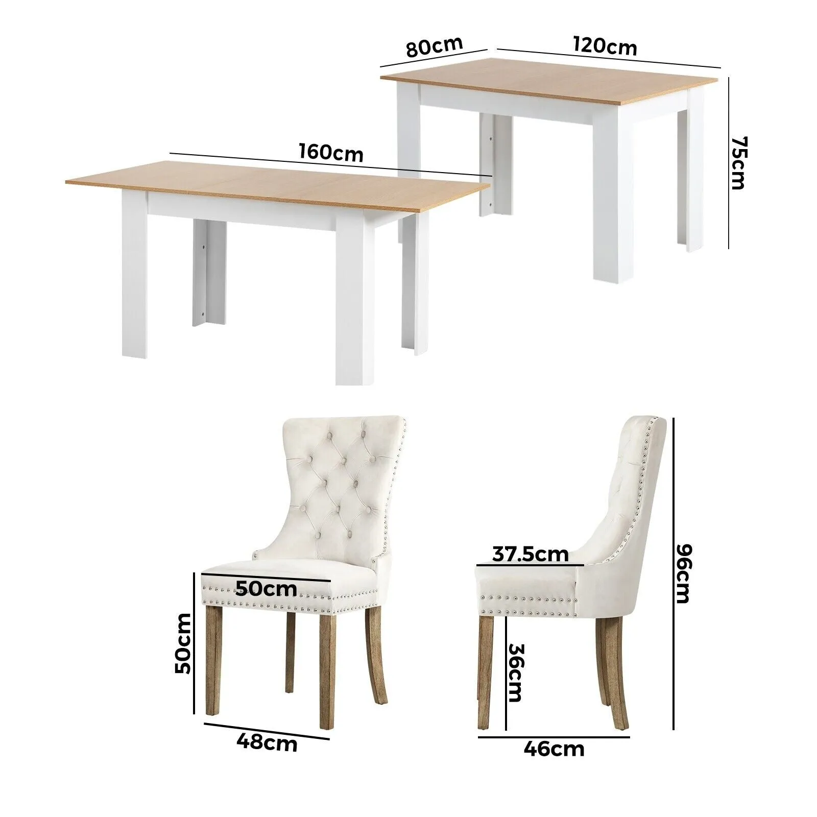 Oikiture 160cm Extendable Dining Table with 6PCS Dining Chairs Velvet Beige