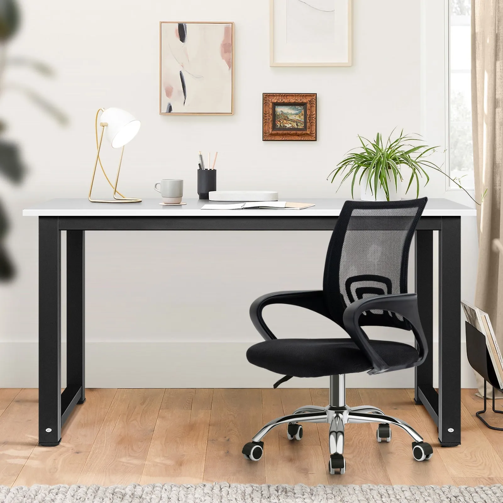 Oikiture Home Office Desk and Chair Set BK&WH Computer Desk Mesh Office Chair