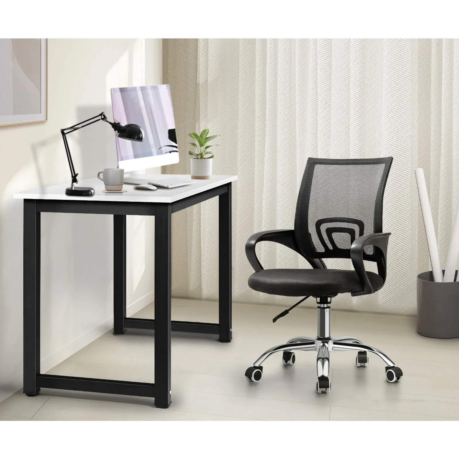 Oikiture Home Office Desk and Chair Set BK&WH Computer Desk Mesh Office Chair