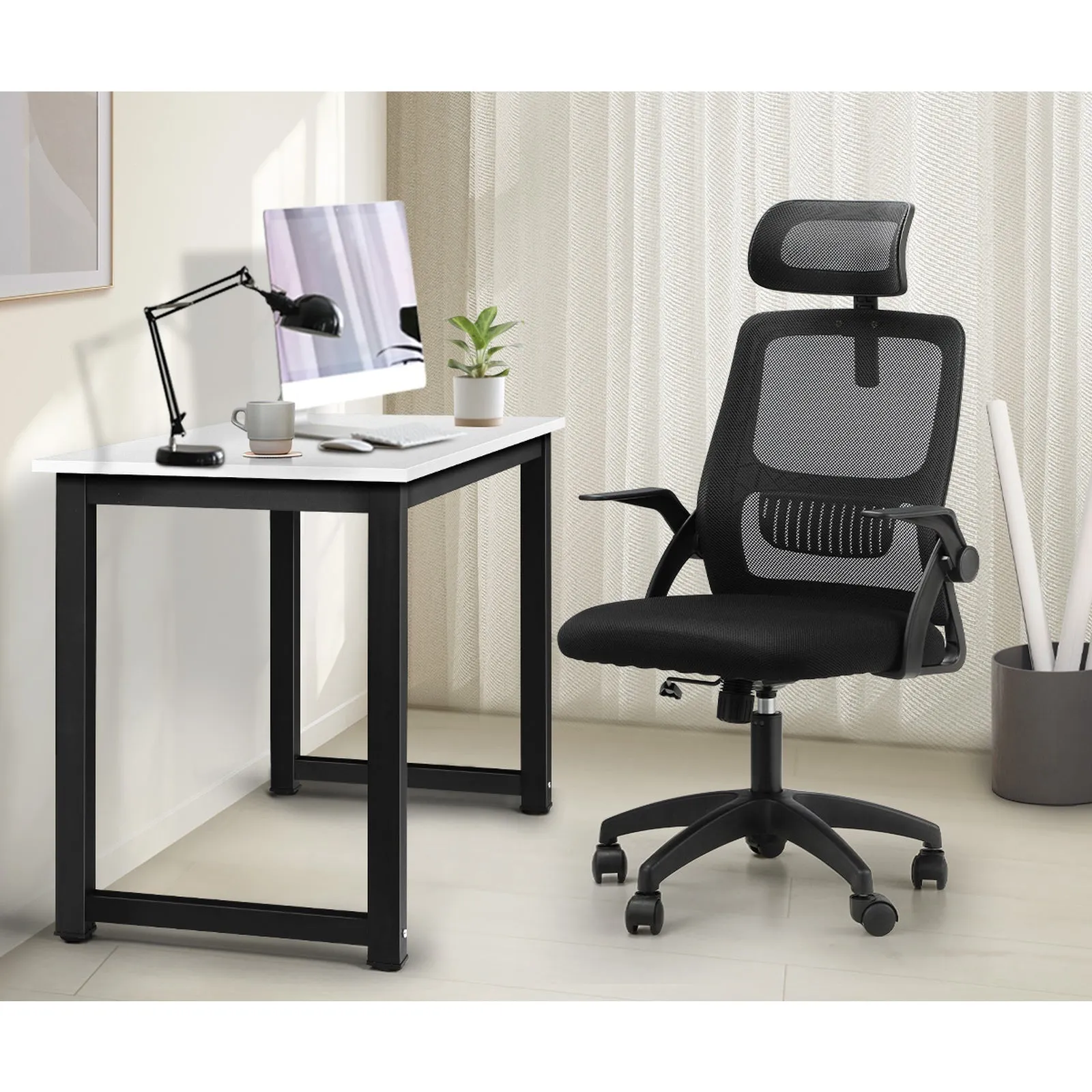 Oikiture Home Office Desk and Chair Set Computer Desk Mesh Office Chair BK&WH