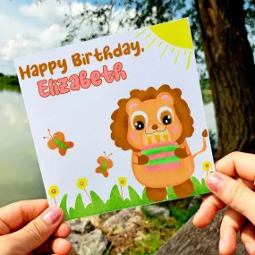 Personalized Lion Kid Birthday Card, Safari Animal Greeting for Children, Custom Name Cute Gift for Toddler Girls