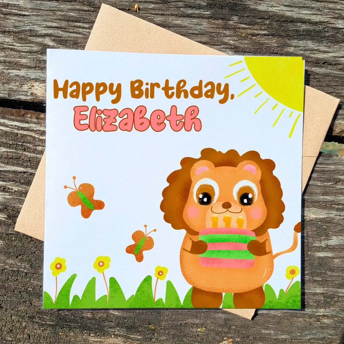 Personalized Lion Kid Birthday Card, Safari Animal Greeting for Children, Custom Name Cute Gift for Toddler Girls