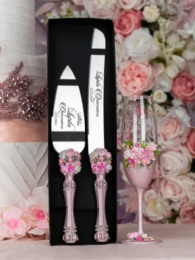 Pink blush floral Quinceanera cake knife set with 1 glass