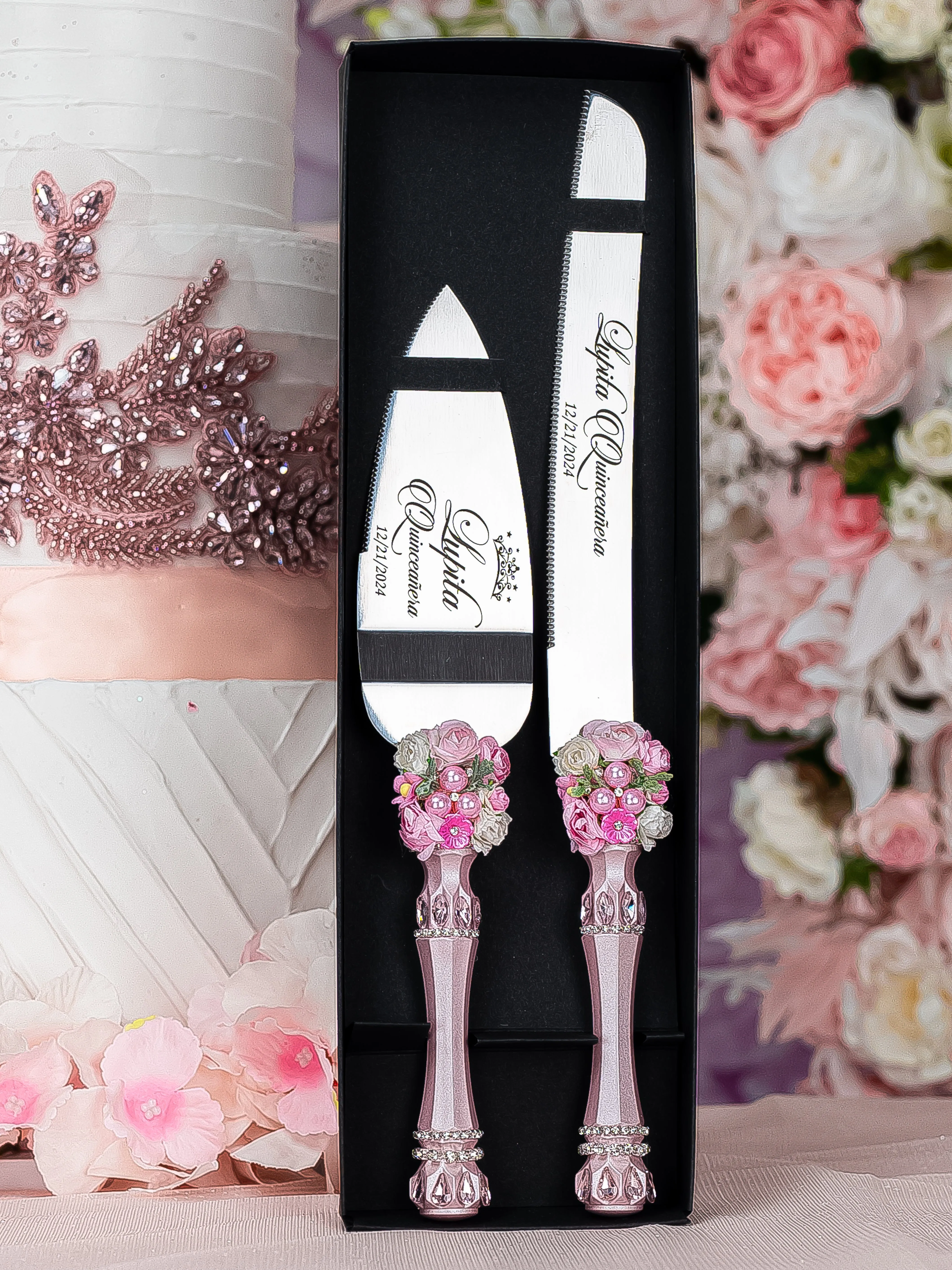 Pink blush floral Quinceanera cake knife set with 1 glass