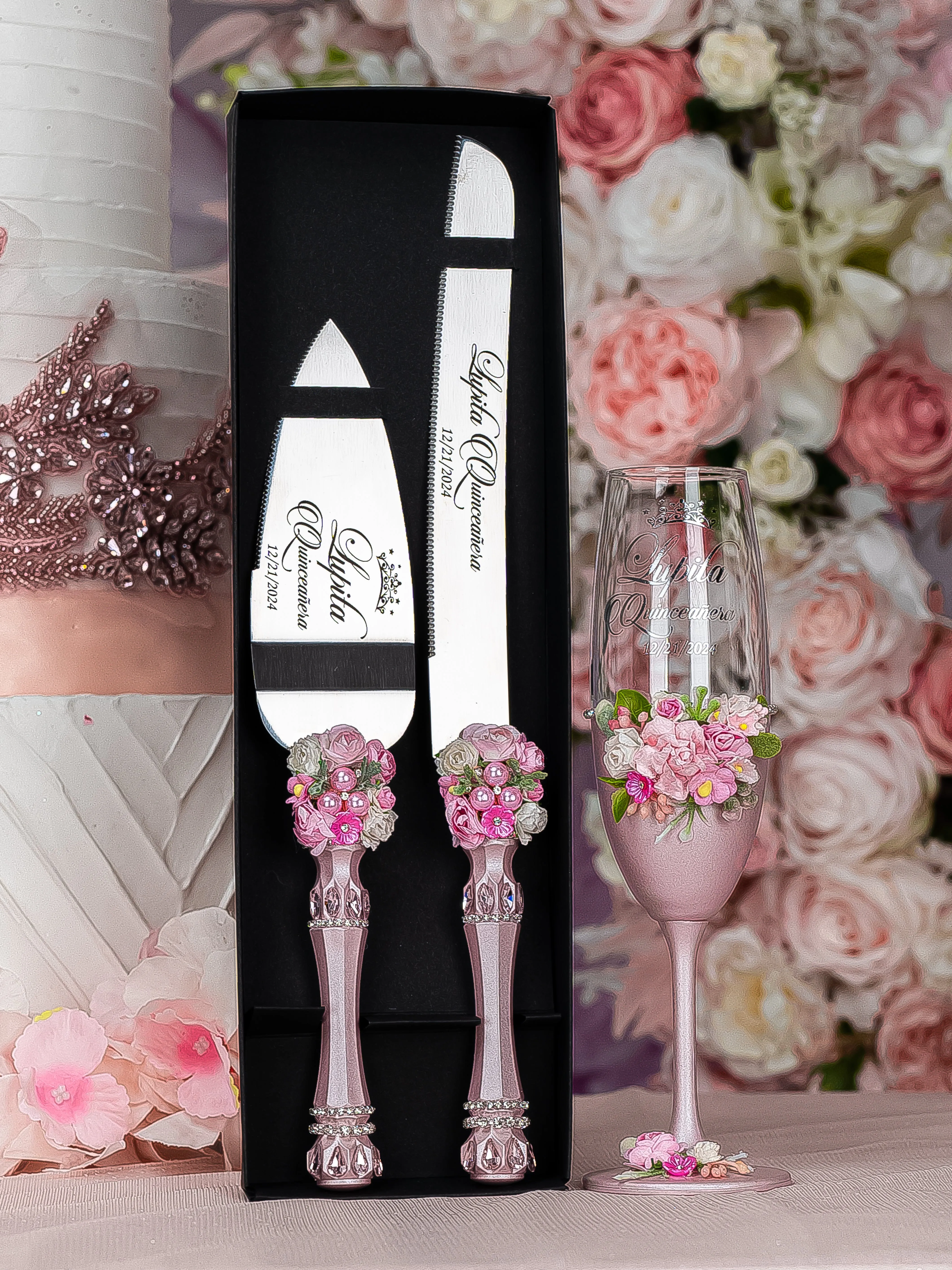 Pink blush floral Quinceanera cake knife set with 1 glass