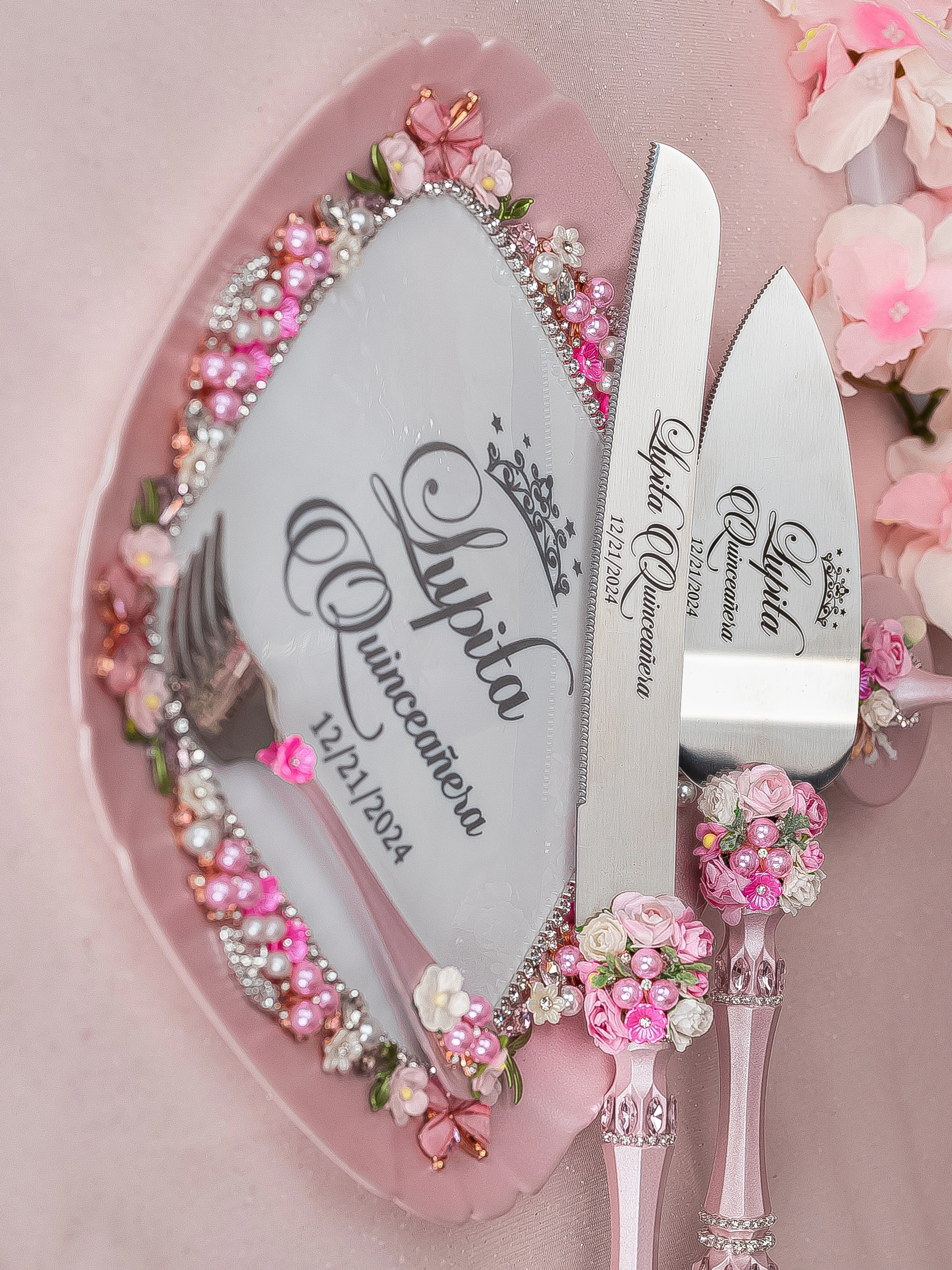 Pink blush floral Quinceanera cake knife set with 1 glass