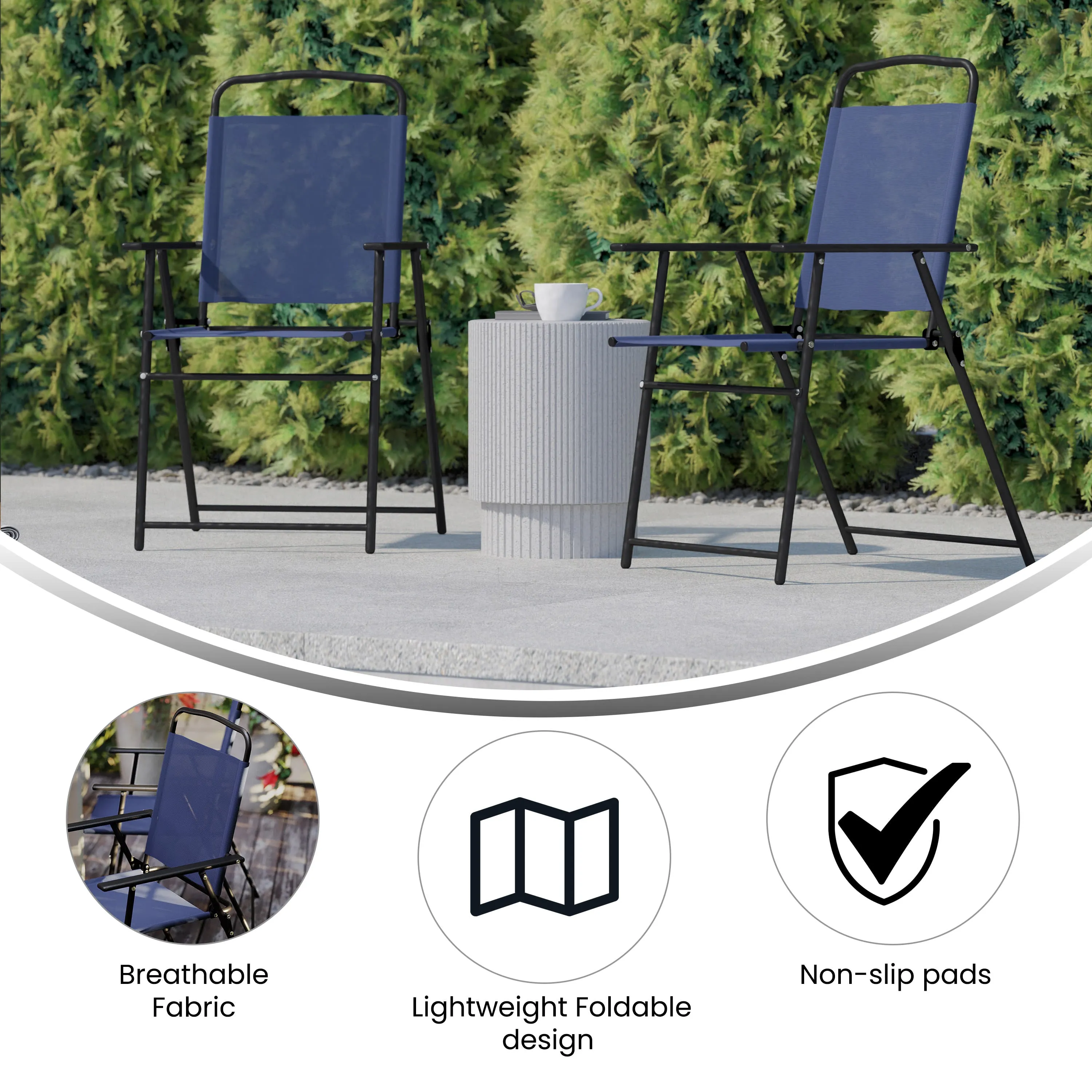 Set of 2 Mystic Folding Patio Sling Chairs, Outdoor Textilene Lawn Chairs with Armrests