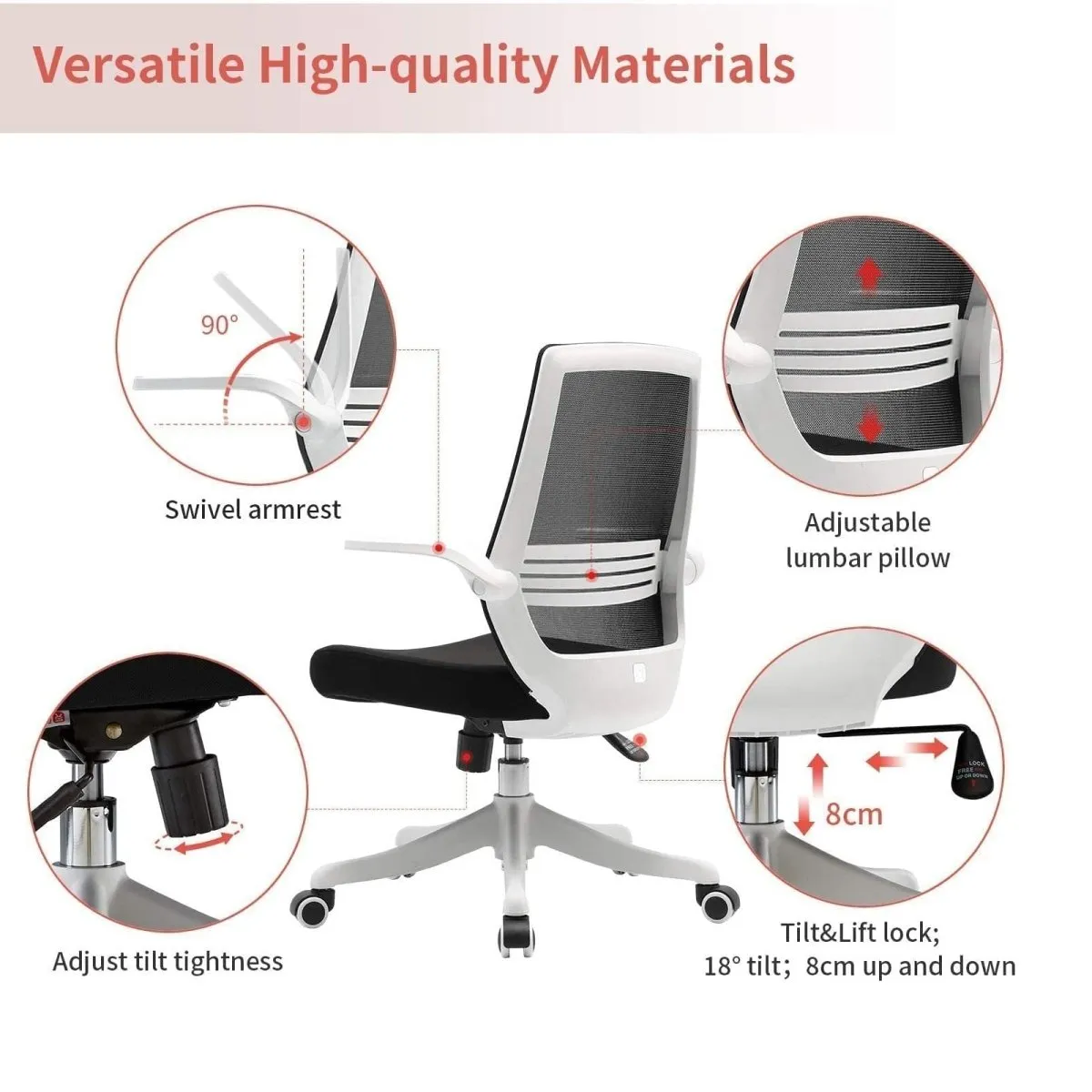 SIHOO M76 Ergonomic Office Chair Swivel Desk Chair Height Adjustable Mesh Back Computer Chair with Lumbar Support, 90° Flip-up Armrest